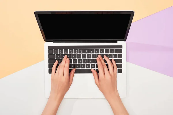 Cropped view of woman using laptop on beige, violet and white background — Stock Photo