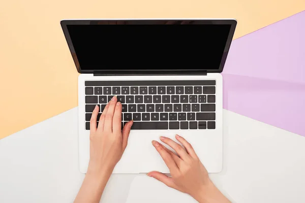 Cropped view of woman using laptop on beige, violet and white background — Stock Photo