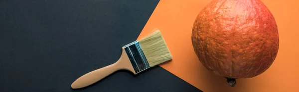 Panoramic shot of pumpkin near paintbrush on black and orange background — Stock Photo