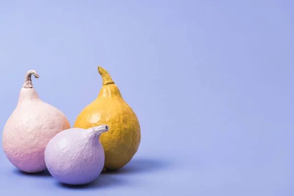 Пофарбовані святкові гарбузи на фіолетовому фоні — стокове фото