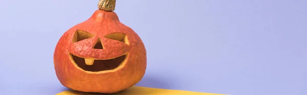 Panoramic shot of Halloween spooky pumpkin on violet and yellow background — Stock Photo