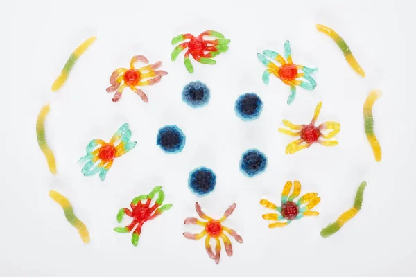 Вид зверху барвистих жувальних павуків і черв'яків ізольовані на білому, Хеллоуїн — стокове фото