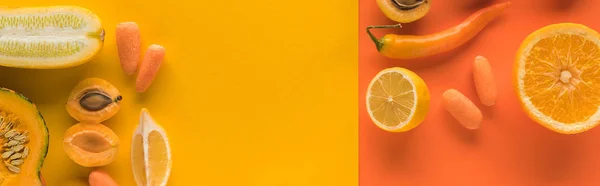 Ansicht von gelbem Obst und Gemüse auf orangefarbenem Hintergrund mit Kopierraum, Panoramaaufnahme — Stockfoto
