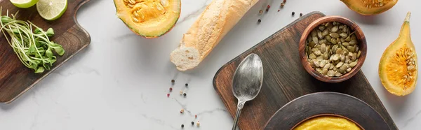 Colpo panoramico di zuppa di zucca e ingredienti in superficie di marmo — Foto stock