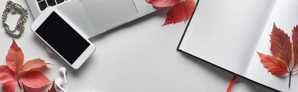 Панорамний знімок автономного листя, смартфон і порожній блокнот на білому тлі — стокове фото
