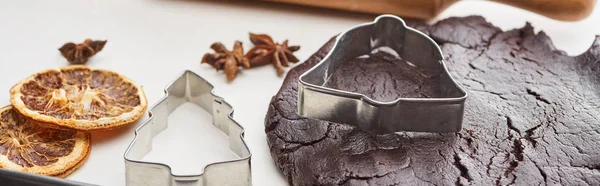 Panoramic shot of Christmas dough molds near raw dough and spices — Stock Photo