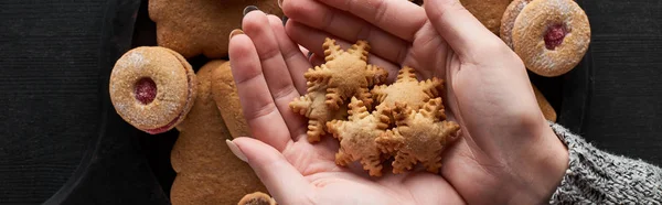 Vue recadrée d'une femme tenant des biscuits aux flocons de neige dans les mains, prise de vue panoramique — Photo de stock