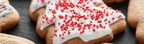 Close up view of delicious glazed Christmas tree cookie, panoramic shot — Stock Photo
