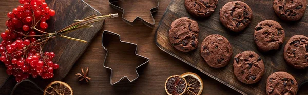 Top view of chocolate cookies near Christmas dough molds, viburnum and spices on wooden table, panoramic shot — Stock Photo