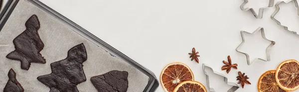 Top view of raw Christmas tree cookies on oven tray near winter spices and dough molds, panoramic shot — Stock Photo