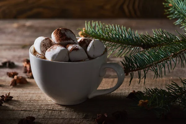 Рождественский какао с зефиром на деревянном столе возле сосновой ветки — стоковое фото