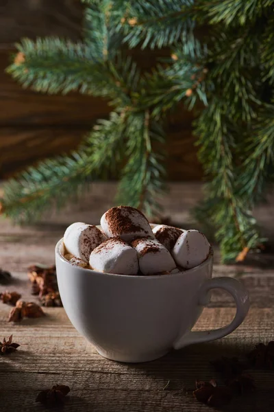 Foco selectivo de cacao de Navidad con malvavisco en mesa de madera - foto de stock