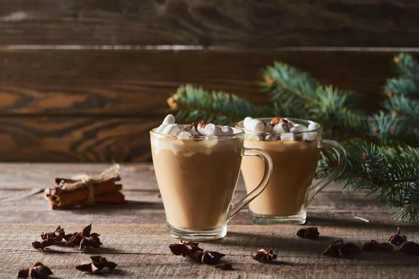 Focus selettivo di cacao con marshmallow e cacao in polvere in tazze vicino a rami di pino, cannella e anice su tavolo di legno — Foto stock