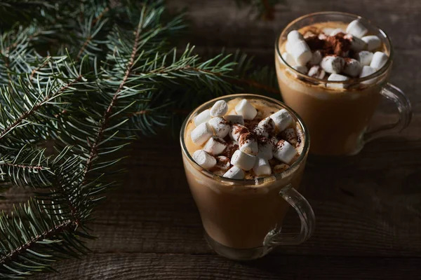 Cacao with marshmallow and cacao powder in mugs near pine branches on wooden table — Stock Photo