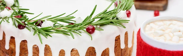 Close up of christmas pie with rosemary and cranberries on white wooden table with and cup of cocoa — Stock Photo