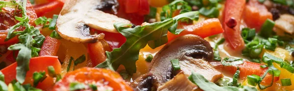 Close up of homemade omelet with mushrooms, tomatoes and greens — Stock Photo