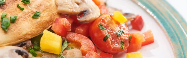 Close up de saborosa omelete envolto com tomates e pimentas na placa — Fotografia de Stock