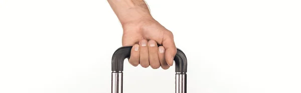 Panoramaaufnahme eines Mannes mit Reisetasche auf weißem Hintergrund — Stockfoto