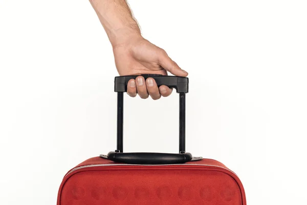 Abgeschnittene Ansicht des Mannes mit Reisetasche auf weißem Hintergrund — Stockfoto