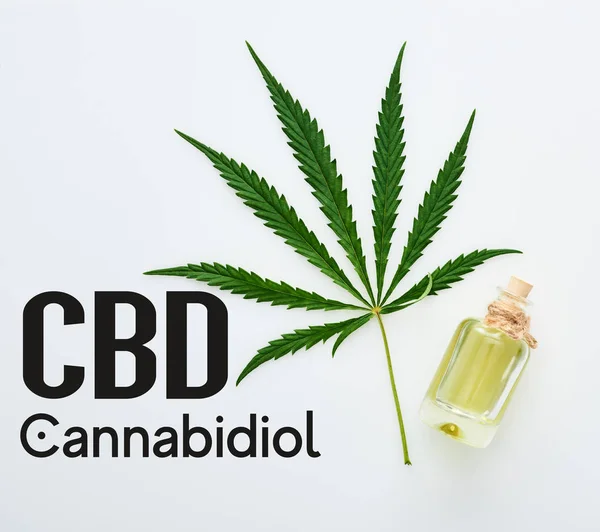 Vista dall'alto della foglia di cannabis e olio cbd sulla bottiglia su sfondo bianco con illustrazione cbd — Foto stock