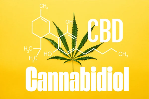 Top view of cannabis leaf on yellow background with cbd molecule illustration — Stock Photo