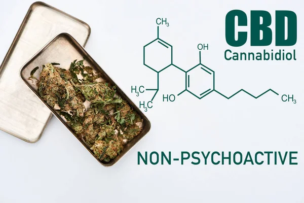Vue du dessus des bourgeons de marijuana dans une boîte en métal sur fond blanc avec illustration de molécules de cbd — Photo de stock
