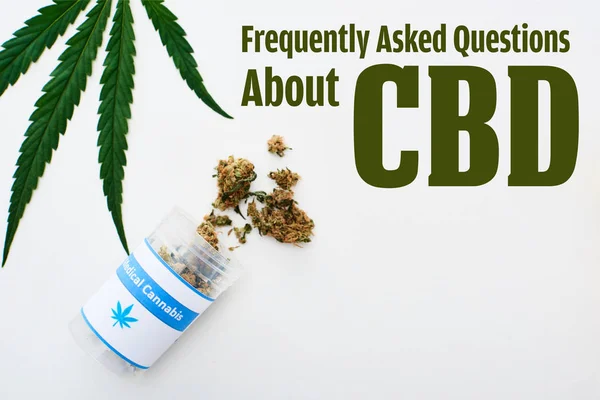 Top view of bottle with medical cannabis and marijuana leaf on white background with frequently asked questions about cbd illustration — Stock Photo