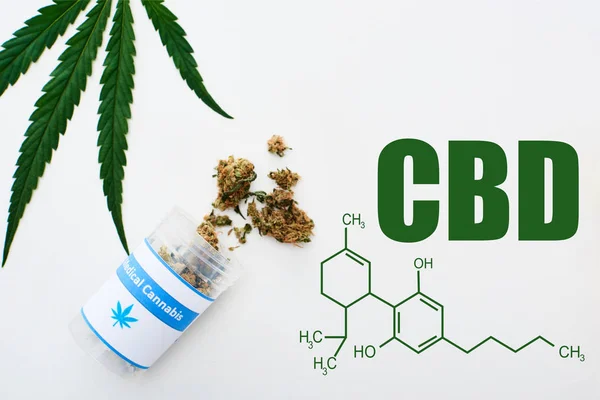 Vue du dessus de la bouteille avec du cannabis médical et de la feuille de marijuana sur fond blanc avec illustration de molécule de cbd — Photo de stock
