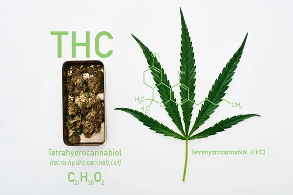 Ansicht von grünem Cannabisblatt und Marihuanaknospen in Metallbox auf weißem Hintergrund mit Abbildung des THC-Moleküls — Stockfoto
