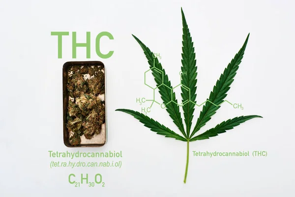 Top view of green cannabis leaf and marijuana buds in metal box on white background with THC molecule illustration — Stock Photo