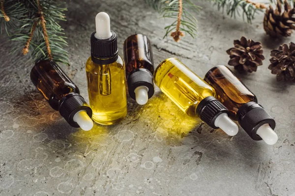 Bottles with hemp oil near fir branches and dry cones on grey stone surface — Stock Photo