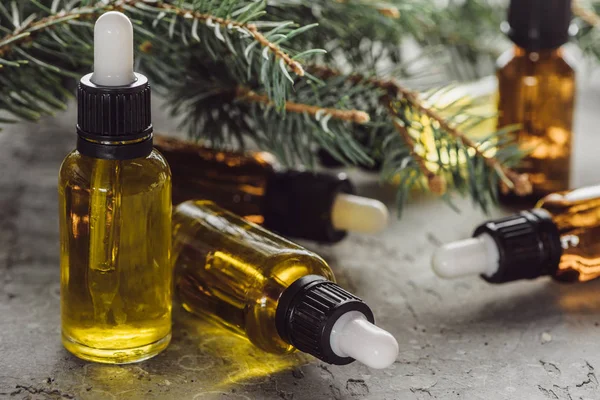 Close up view of bottles with natural oil near fir branches on grey stone surface — Stock Photo