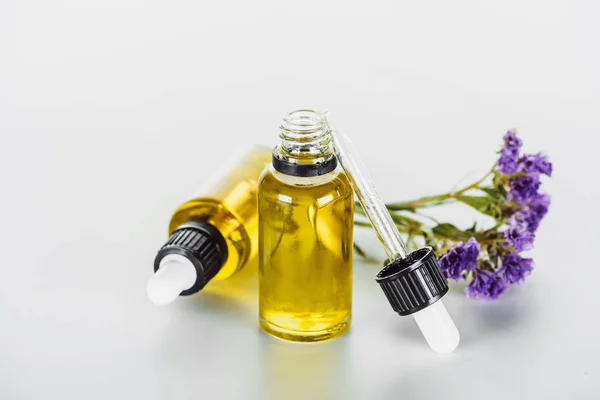 Botellas de aceite natural y ramita de limonio seco con flores sobre fondo blanco - foto de stock