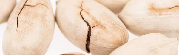 Vista ravvicinata di pistacchi interi in guscio sparsi isolati su colpo bianco, panoramico — Foto stock