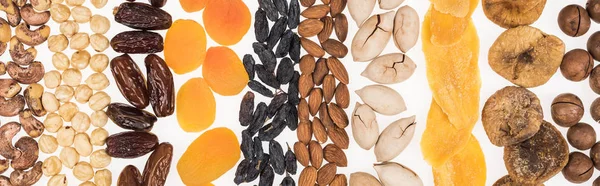 Top view of assorted turkish dried fruits and nuts isolated on white, panoramic shot — Stock Photo