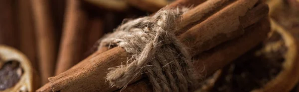 Close up view of cinnamon bunch on dried citrus slices, panoramic shot — Stock Photo