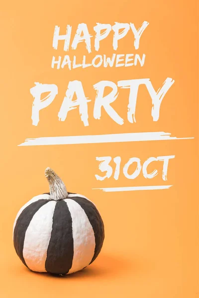 Striped painted black and white Halloween pumpkin on orange colorful background with happy Halloween party, 31 October illustration — Stock Photo