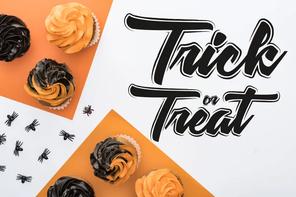 Draufsicht auf köstliche Halloween-Cupcakes mit Spinnen auf orangefarbenem und weißem Hintergrund mit Trick oder Leckerbissen-Illustration — Stock Photo