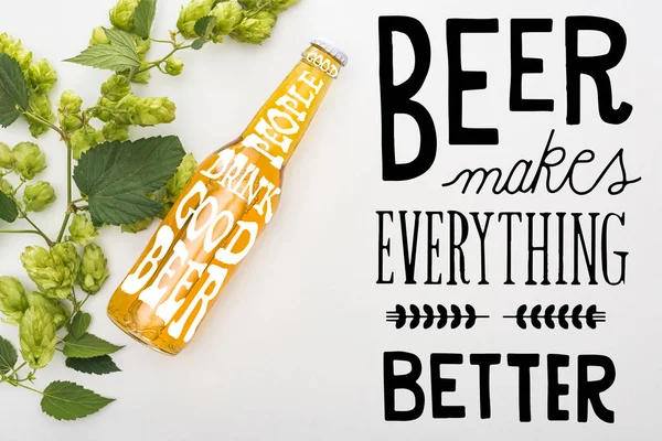 Vista dall'alto della birra in bottiglia con verde fioritura hop su sfondo bianco con birra nera rende tutto migliore illustrazione — Foto stock