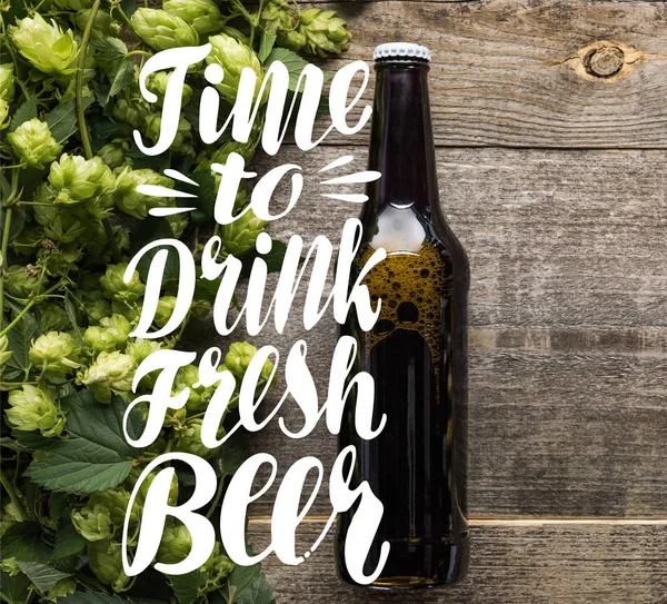 Vista superior de cerveja fresca em garrafa com salto verde na superfície de madeira com tempo para beber cerveja fresca ilustração — Fotografia de Stock