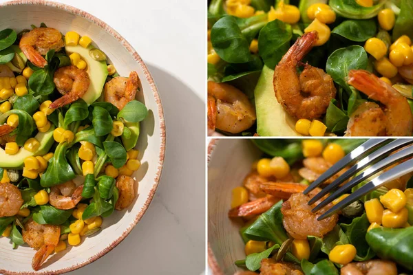 Collage of fresh green salad with corn, shrimps and avocado — Stock Photo