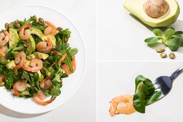 Колаж свіжого зеленого салату з гарбузовим насінням, креветками та авокадо на тарілці, виделкою та інгредієнтами на білому тлі — стокове фото