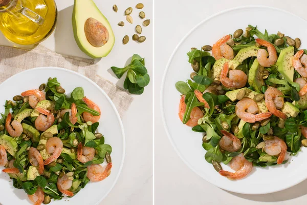 Collage di insalata verde fresca con semi di zucca, gamberetti e avocado su piatto su tovagliolo vicino a ingredienti su sfondo bianco — Foto stock