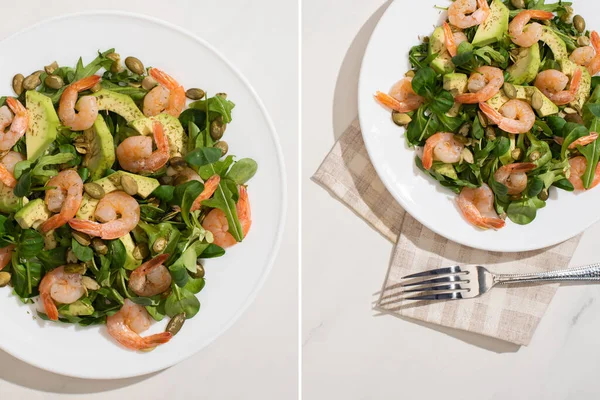 Collage of fresh green salad with pumpkin seeds, shrimps and avocado on plate on napkin near fork on white background — Stock Photo