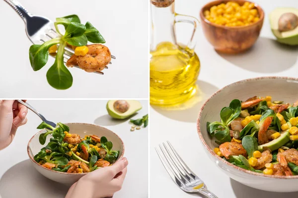 Collage of woman eating fresh green salad with corn, shrimps and avocado on white background — Stock Photo