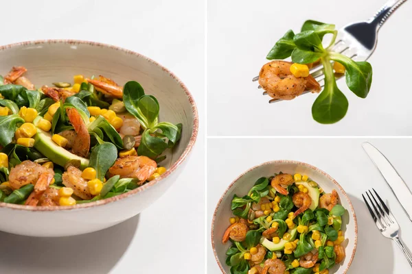 Collage di insalata verde fresca con mais, gamberetti e avocado su piatto con posate su sfondo bianco — Foto stock