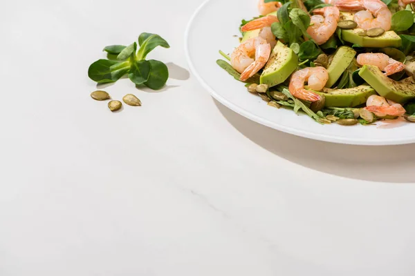 Fresh green salad with shrimps and avocado on plate on white background — Stock Photo