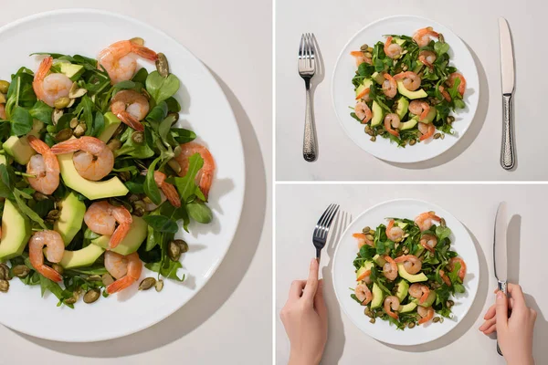 Draufsicht einer Frau, die frischen grünen Salat mit Kürbiskernen, Garnelen und Avocado auf weißem Hintergrund isst, Collage — Stockfoto