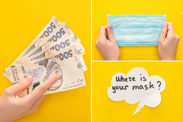 Top view of female hands with Ukrainian banknotes, medical mask and speech bubble on yellow background — Stock Photo