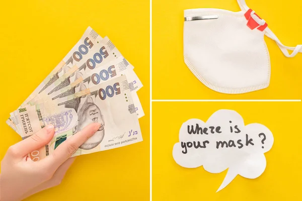 Partial view of woman holding Ukrainian banknotes near safety mask and speech bubble on yellow background, collage — Stock Photo
